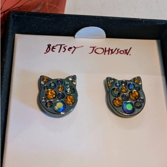 BETSEY JOHNSON SET Halloween Cat Head Crystals in Gunmetal Earrings Necklace NWT - Picture 13 of 13